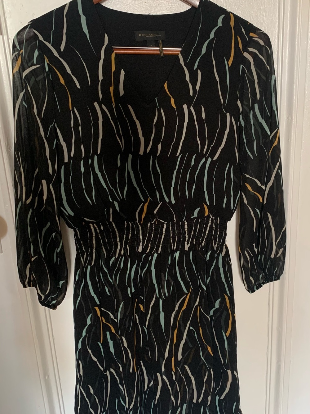 Donna Karan Black Printed Smocked-Waist Women’s Dress